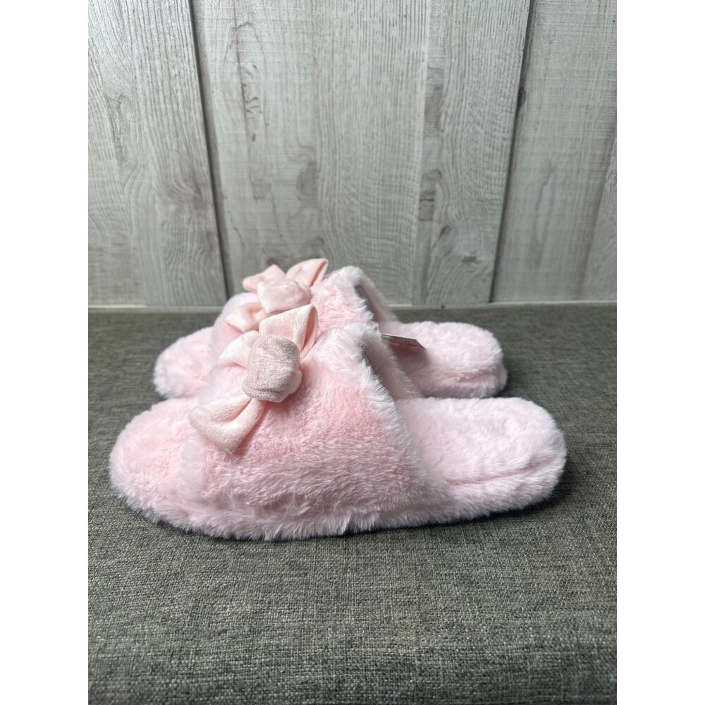 Womens Fuzzy Open Toe Pink Slippers Bow Trim Non-Slip Sole Size M 8-10 - Picture 4 of 7